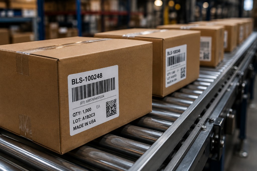 Labeled cardboard cartons with barcodes and QR codes on a warehouse conveyor
