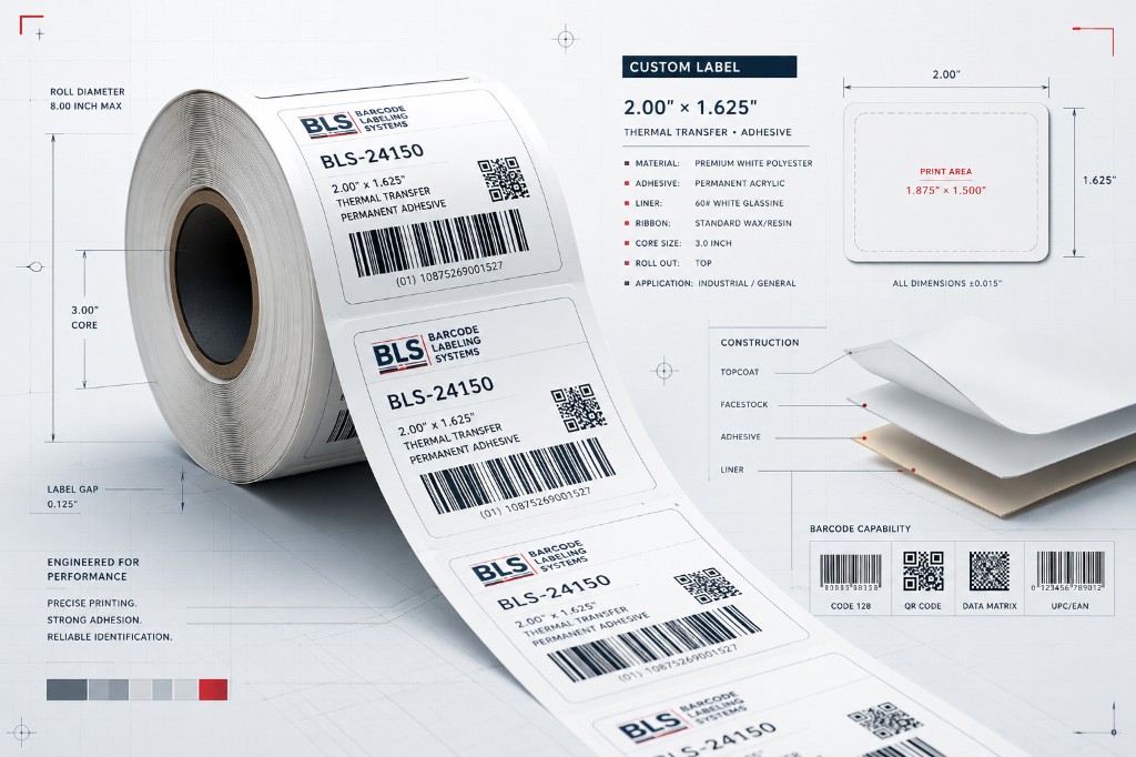 Technical illustration of a custom BLS barcode label roll with specifications, construction layers, and barcode formats