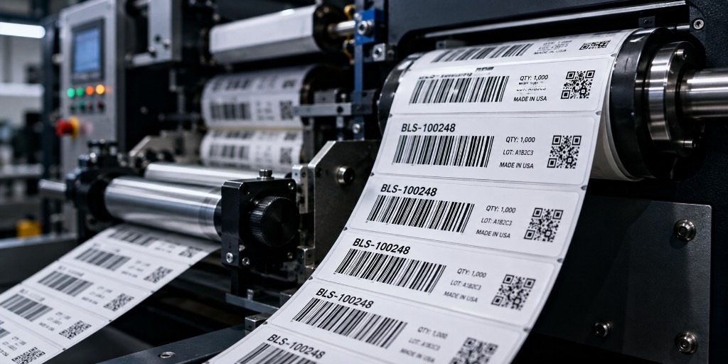 Barcode labels with codes and QR marks feeding through industrial press rollers