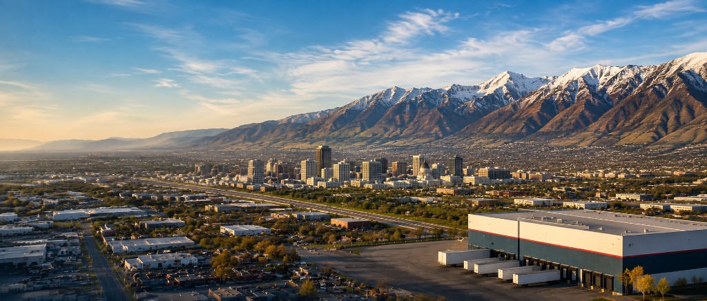 Salt Lake City industrial corridor with Wasatch Mountains beyond, home base for Barcode Labeling Systems